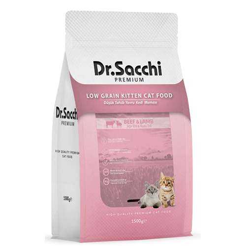 Dr.Sacchi Premium Düşük Tahıllı Sığır ve Kuzu Etli Yavru Kedi Maması 1.5 Kg