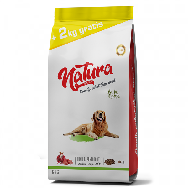 Natura Adult Düşük Tahıllı Kuzu Etli ve Narlı Orta ve Büyük Irk Yetişkin Köpek Maması 12 Kg + 2 Kg Hediyeli