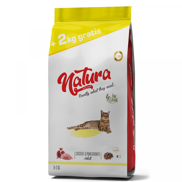 Natura Adult Düşük Tahıllı Tavuk ve Narlı Kedi Maması 8 Kg + 2 Kg Hediyeli