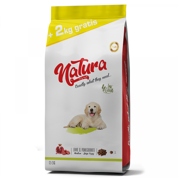 Natura Puppy Düşük Tahıllı Kuzu Etli ve Narlı Orta ve Büyük Irk Yavru Köpek Maması 12 Kg + 2 Kg Hediyeli