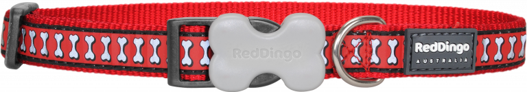 Red Dingo Reflektörlü Kemik Desenli Kırmızı BoyunTasması 15mm