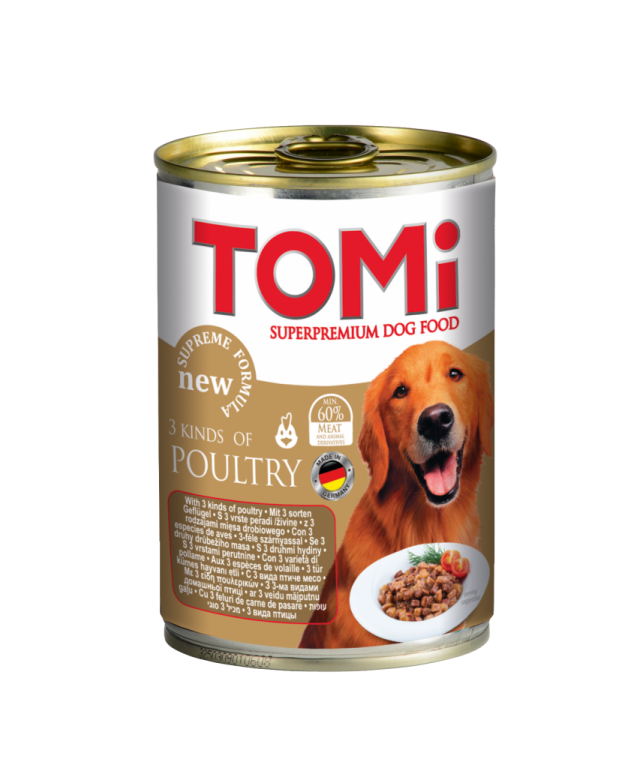 Tomi 3 Çeşit Kümes Hayvanlı Yetişkin Köpek Konservesi 400 Gr (24 Adet)